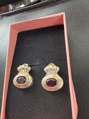 Vintage Stunning 14kt And 925 Sterling Silver Crown Topped  Red Garnet Earrings